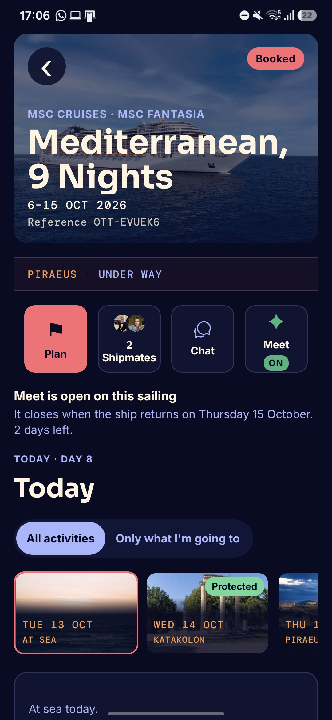 Out There Together app screenshot showing a sailing hub, shipmates, chat and the day's itinerary.