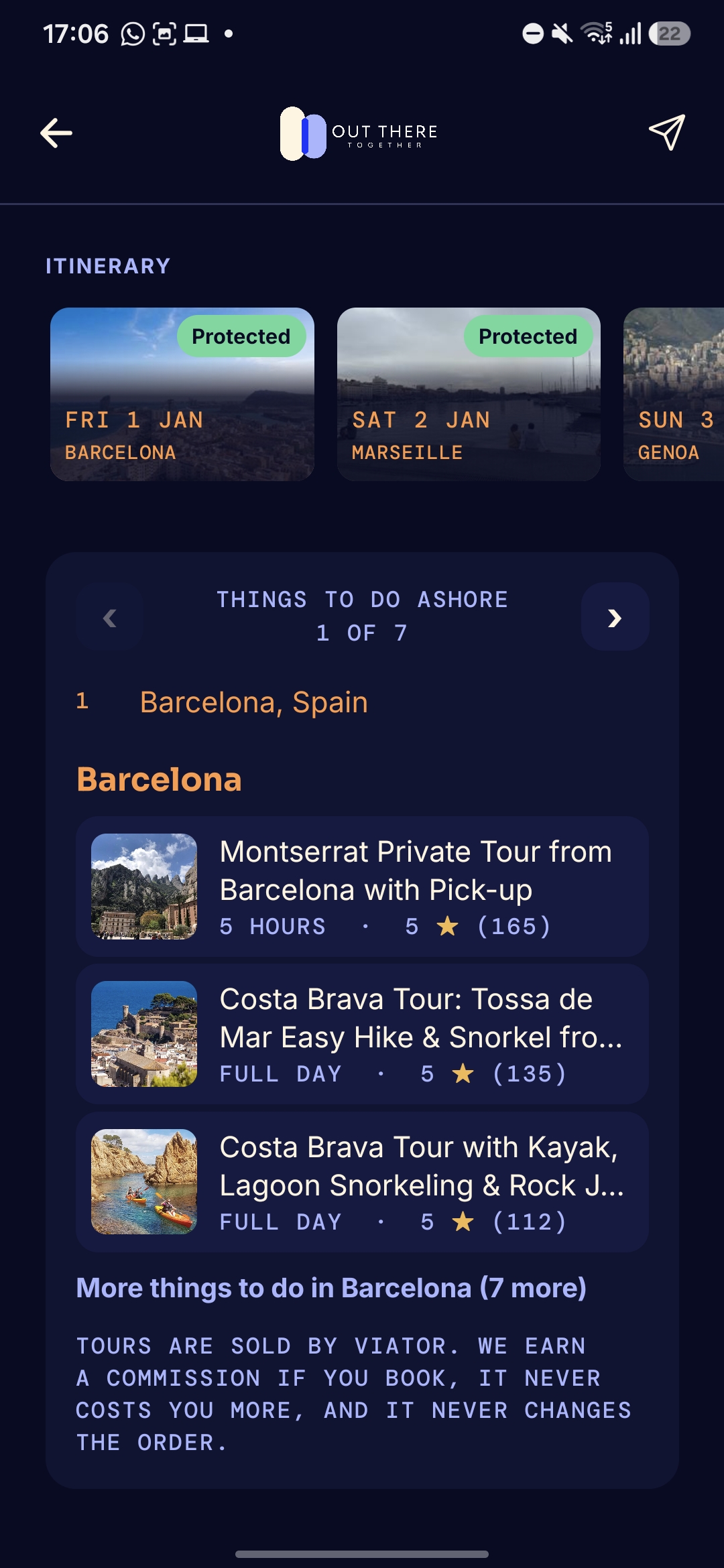 Out There Together app screenshot showing an itinerary and shore experiences in Barcelona.