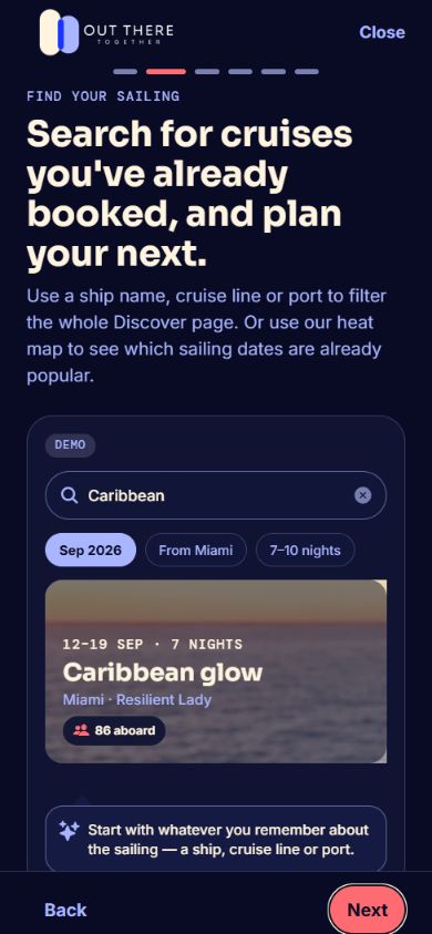 Dark-theme demo app screen showing a search for a Caribbean sailing