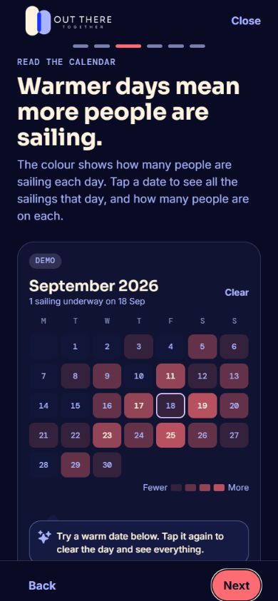 Dark-theme demo app heatmap showing busier sailing dates in September