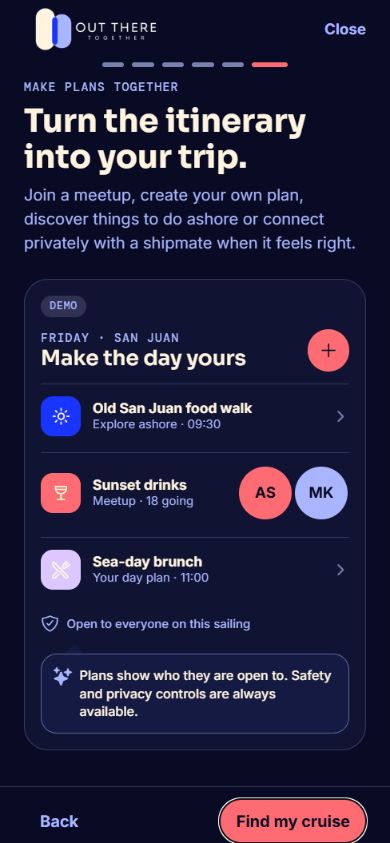 Dark-theme demo app screen showing shore activities and meetup plans