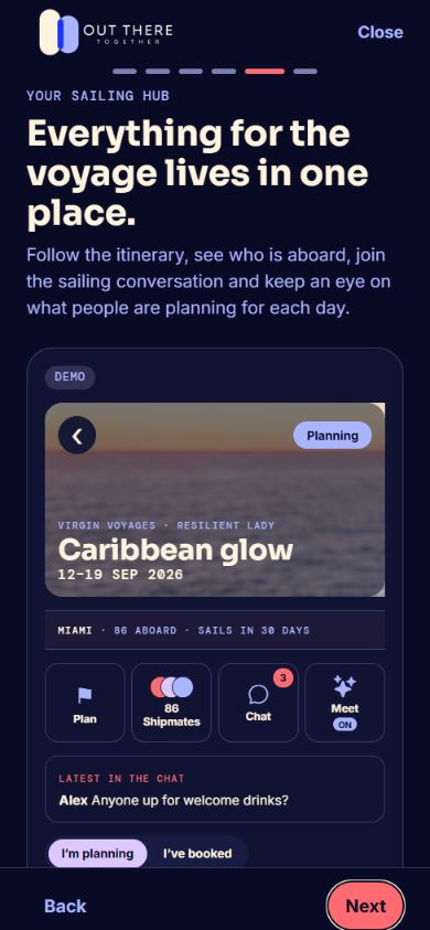 Dark-theme demo app screen showing a sailing hub with shipmates and chat